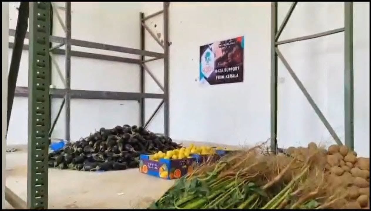Fresh produce staged for food kits in Khan Yunis, Gaza